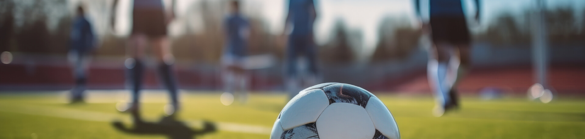 Bola de futebol em destaque num campo relvado com jogadores desfocados ao fundo