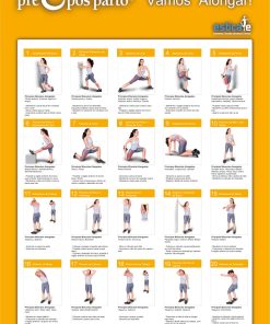 Póster com o título "Centro Pré e Pós Parto – Vamos Alongar!", com o logotipo "Estica-te", com fundo laranja e 20 exercícios ilustrados com figuras femininas a realizar alongamentos adaptados ao período pré e pós-parto. Cada exercício está numerado de 1 a 20 e acompanhado por uma breve descrição. Os alongamentos incluem movimentos para diferentes grupos musculares como costas, pernas, braços e ombros.