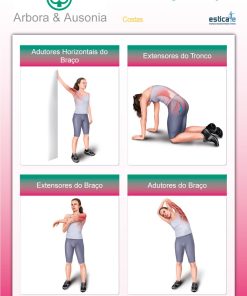Póster ilustrativo com o título "Já Alongou Hoje?" e subtítulo "Costas", contendo quatro exercícios de alongamento. Cada exercício apresenta uma imagem de uma mulher a executar a posição, com os seguintes títulos: Adutores Horizontais do Braço – mulher a empurrar o braço contra uma parede. Extensores do Tronco – mulher de joelhos a inclinar o tronco para trás com os braços apoiados no chão. Extensores do Braço – mulher com um braço fletido por trás da cabeça e o outro a puxá-lo. Adutores do Braço – mulher de pé, com o braço elevado e o tronco inclinado lateralmente. O cartaz é da marca Arbora & Ausonia, com o logotipo "Estica-te".