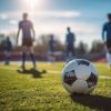 Bola de futebol em destaque num campo relvado com jogadores desfocados ao fundo.